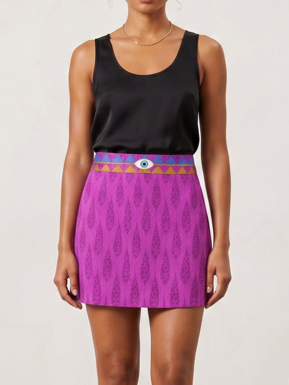 NWT Designer Mini Skirt, Evil Eye embroidery on Silk Brocade fabric. Size Small